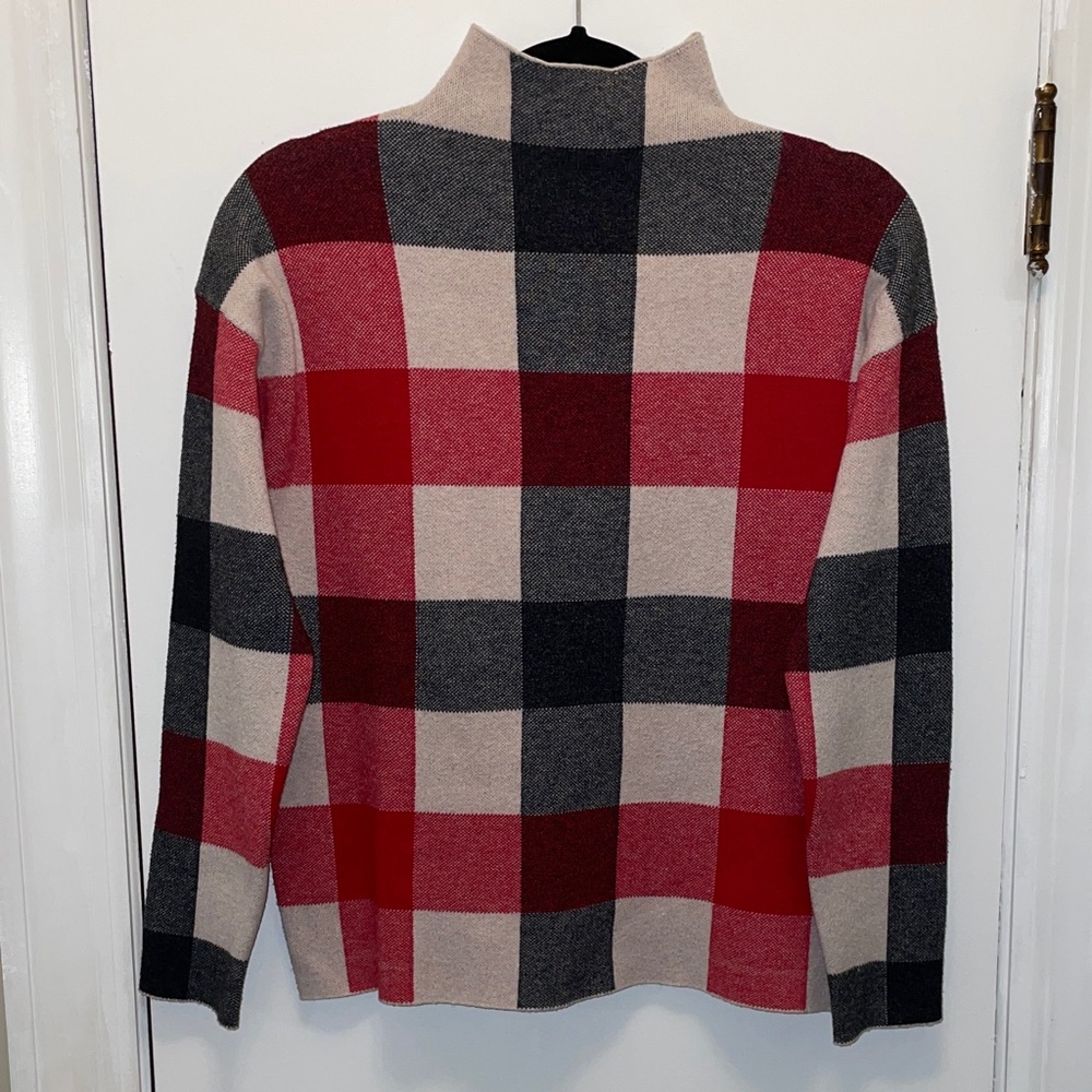 Tahari Luxe Plaid Mock Neck Sweater Red Gray Beige Cozy Winter Knit Chic Layer